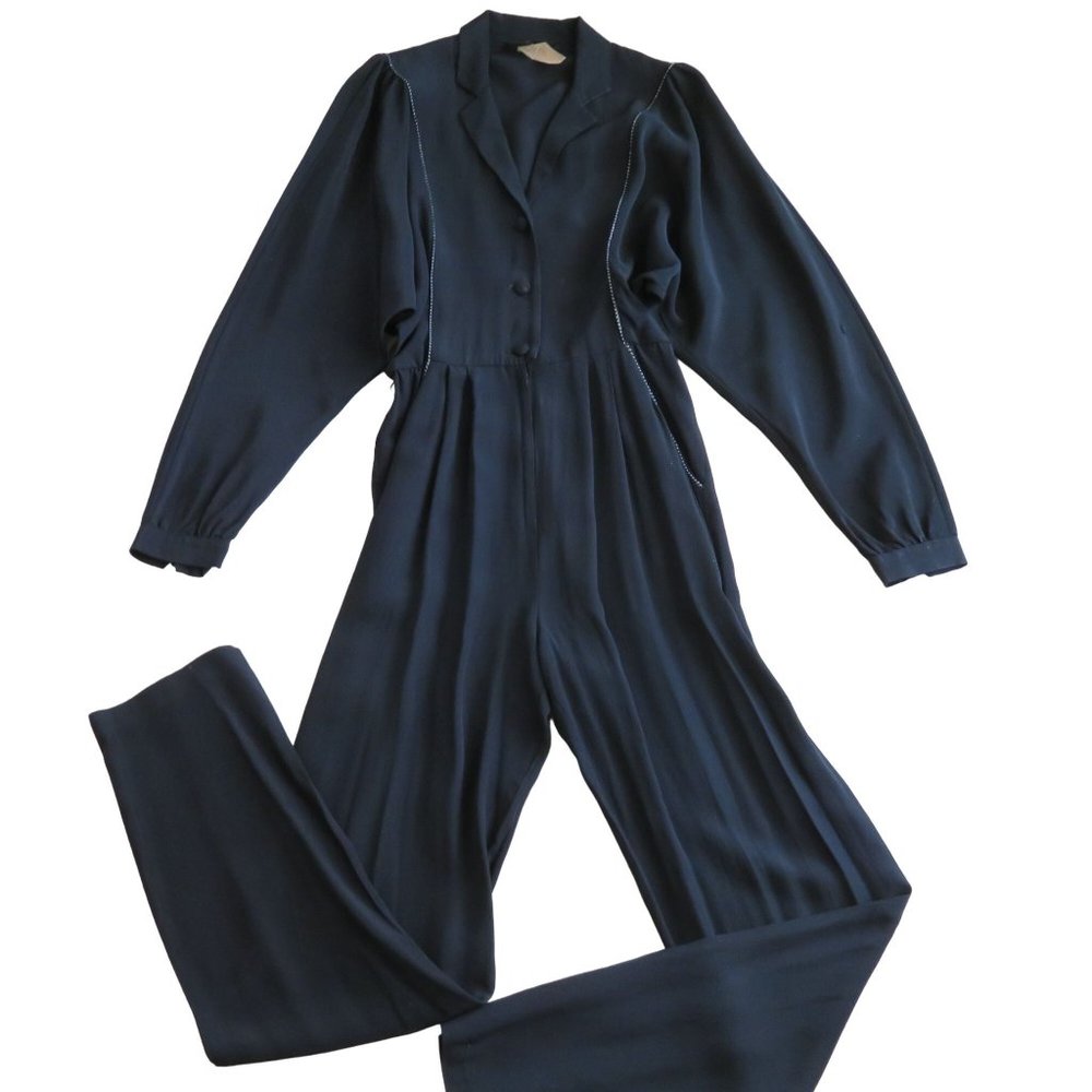 Vintage 80s Jolie Madame One Piece Jumpsuit XS Black Zip Button Pockets Blouson